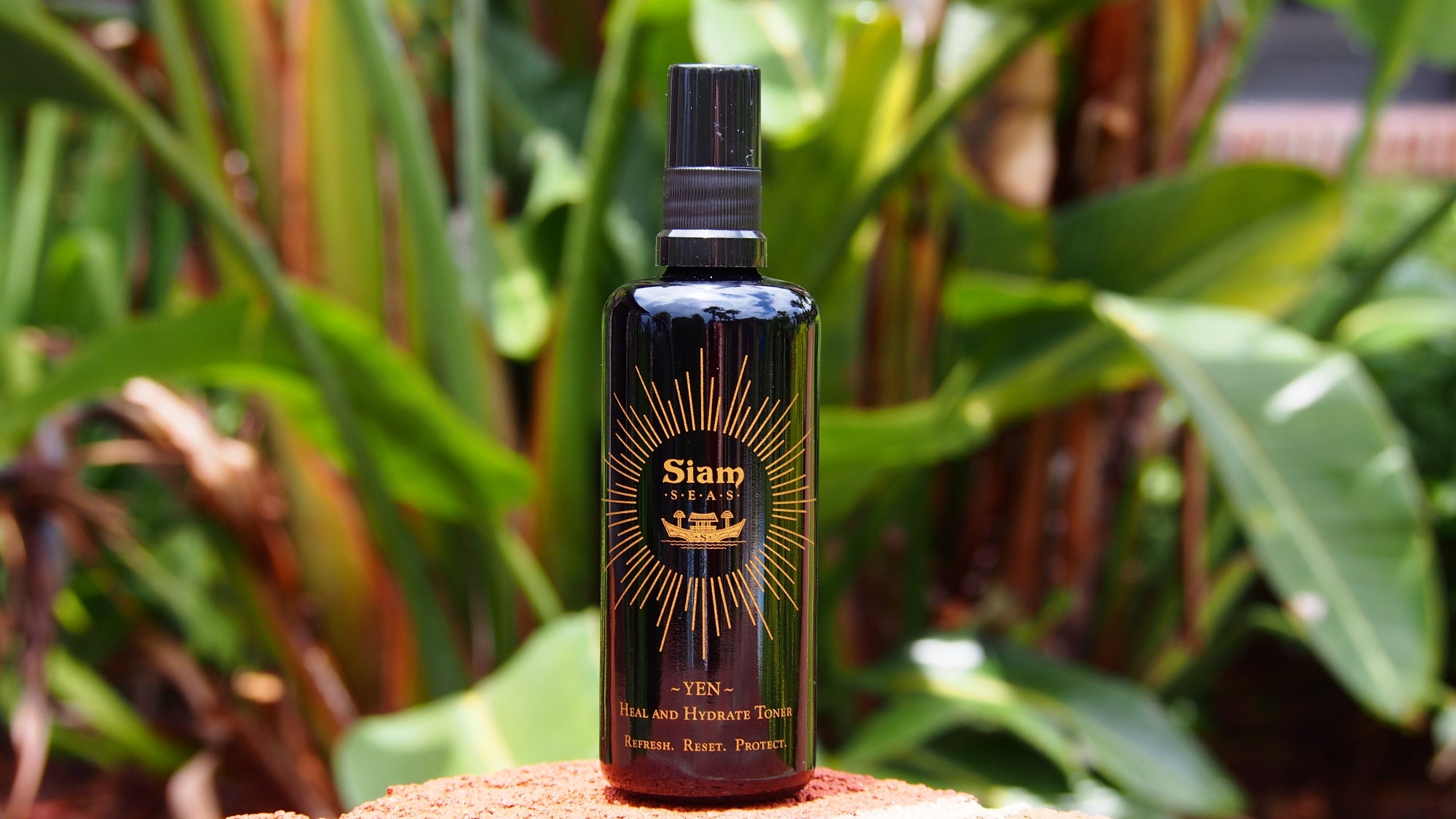 The Yen Heal and Hydrate skin essence toner with organic leaf in the background.